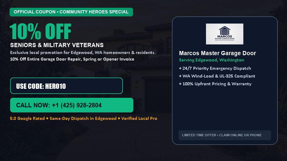 Marcos Master Garage Door 10% OFF Seniors & Military Veterans in Edgewood, WA
